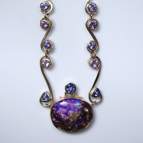 Purple Fire Landscape Boulder Opal, Tanzanite & Amethyst Necklace